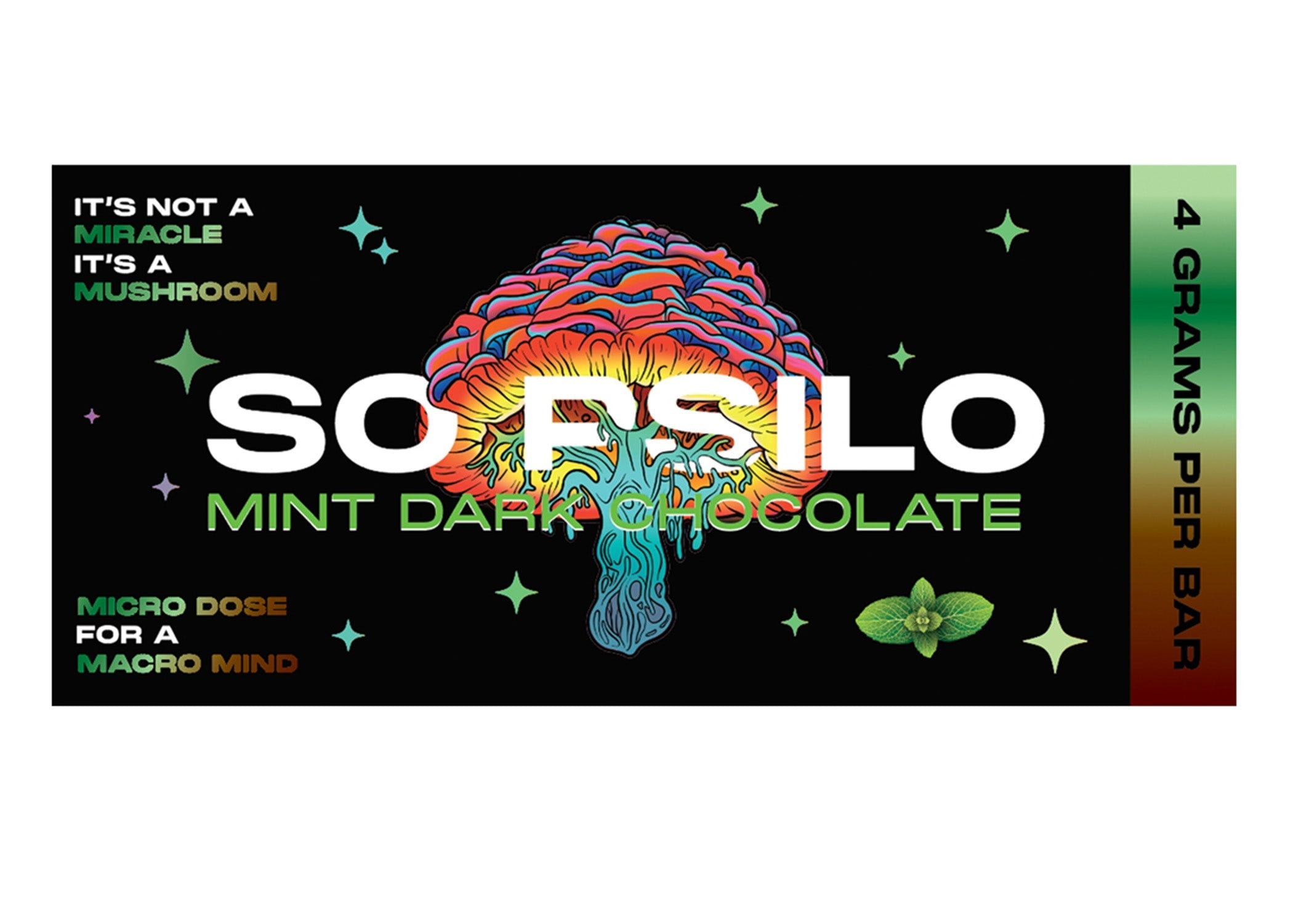 Packaging of Magic Mushroom Chocolate Bars displaying product information and containing six square chocolate pieces with visible mushroom pieces within the bars.