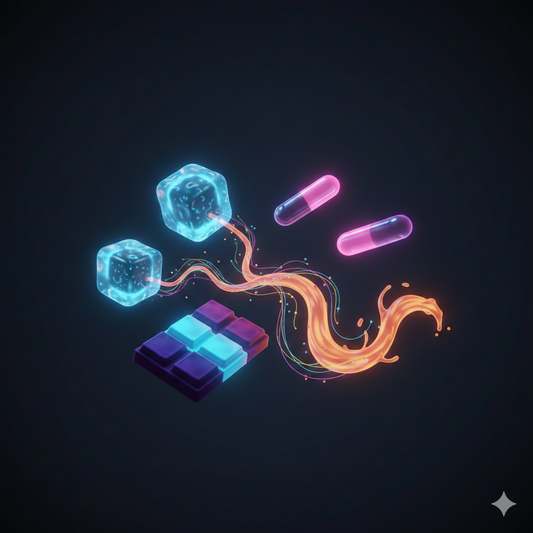 Abstract visual showing non detect mushroom gummies, capsules, chocolate bars, and infused water formats