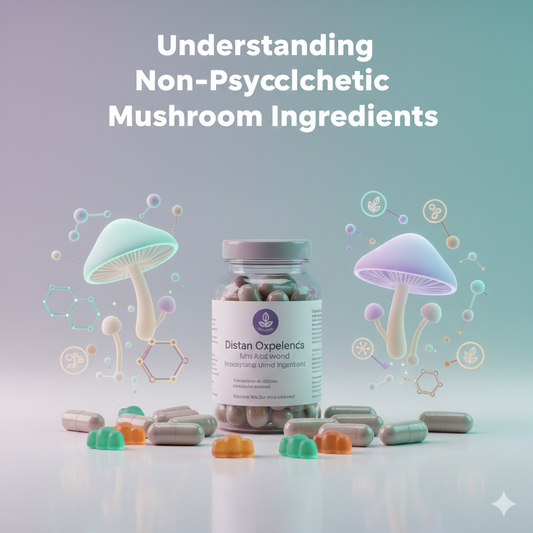 Visual explaining non-psychedelic mushroom ingredients used in capsule and gummy wellness products