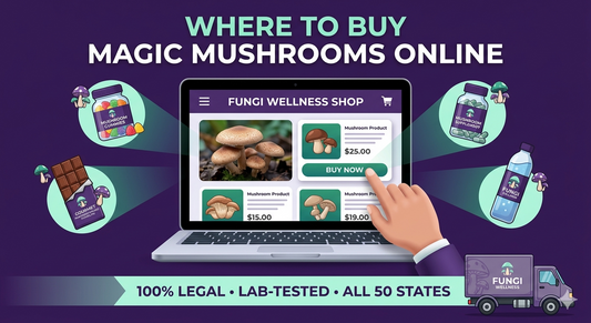 Infographic showing laptop with online mushroom shop, floating product icons, delivery truck, and text reading Where to Buy Magic Mushrooms Online with legal and lab-tested badges