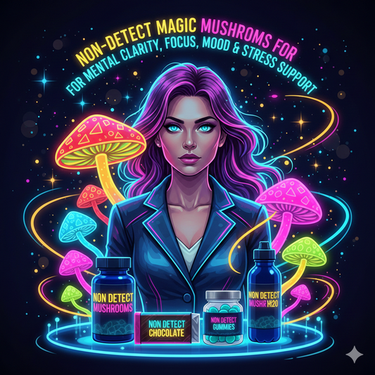 Non Detect Mushroom products (capsules bottle, chocolate bar, gummies, water bottle) displayed prominently