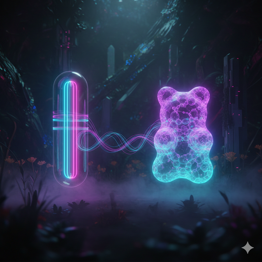 Capsules compared to gummies for effectiveness shown through abstract glowing non detect mushroom forms