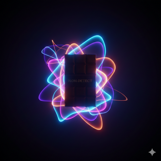 Glowing non detect mushroom chocolate bar surrounded by swirling neon energy, symbolizing focus and clarity in wellness routines.