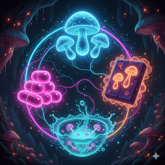 Glowing mushroom gummy with flowing neon energy lines representing focus and clarity on a dark atmospheric background.