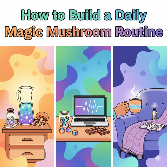 Daily magic mushroom routine showing morning, afternoon, and nighttime product use for focus, energy, and balance