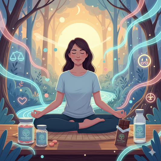 Peaceful person practicing stress support with Non-Detect Mushroom products in calm, serene environment showing emotional balance and relaxation.