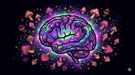 benefits of microdosing mushrooms brain wellness neon pop art illustration