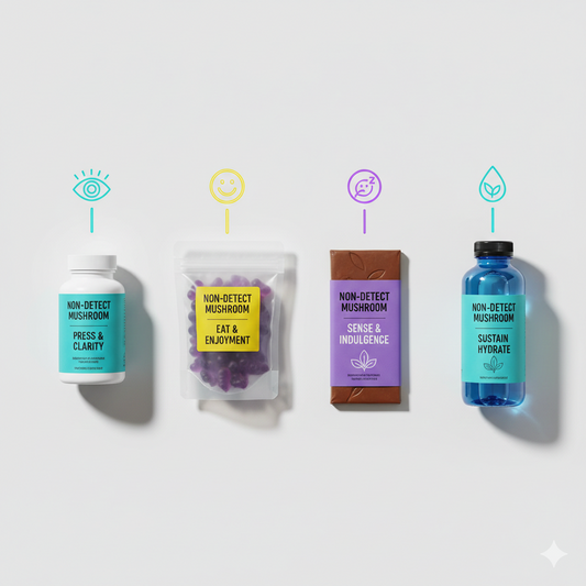 All four Non-Detect Mushroom product formats displayed showing different options for mental clarity and productivity support.